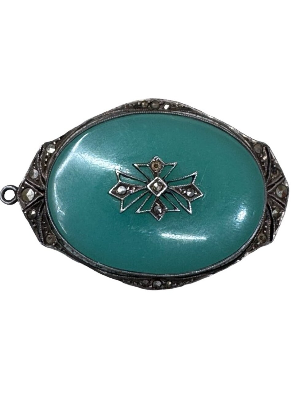 Vintage Art Deco Pendant Brooch Chrysoprase Sterling Silver Marcasite Cross 1.5"